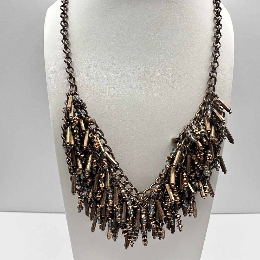 Vintage 90s Bronze Bib Necklace Glass Bead Tassel Fringe Statement Piece
